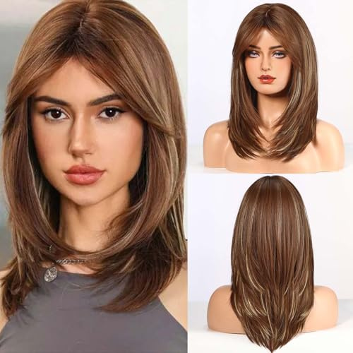 HAIRCUBE Peluca de Mujer 20 Pulgadas en Color Marrón Claro con Cortina y Flequillo para Uso Diario y Rol
