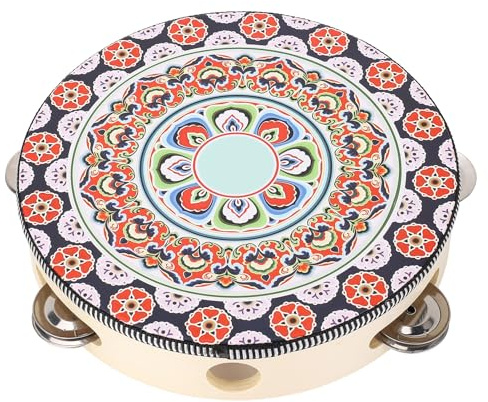 8 tums tamburin, handhållen tamburintrumma i trä med metalljinglar, musikaliskt slaginstrument för kyrkbröllopsfavorit (Red Flower)
