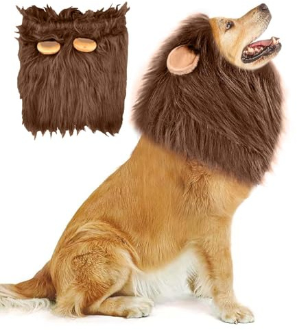 VIDSTW Criniera Leone per Cane Parrucca con Orecchie Realistiche Costume per Cani Halloween Criniera di Leone per Cani Regolabile Vestiti per Cani per Halloween Feste Cosplay Mostre (Colore Caffè)
