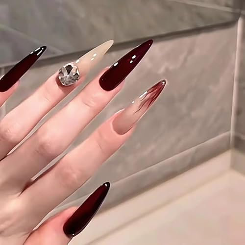 30 pezzi Press on Nails lunghi stiletto, colore bordeaux, rosso, Ombre, unghie artificiali da incollare, unghie finte nude finte, set di unghie in acrilico da donna