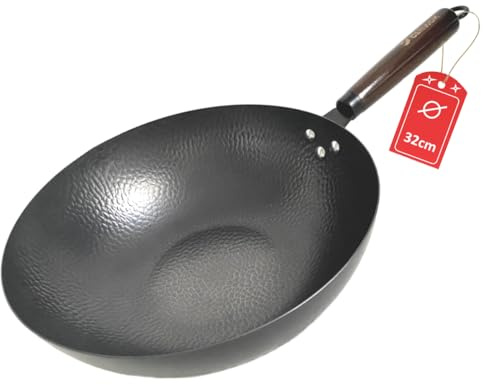 CENWOK ⌀32cm Wok Pfanne aus Carbonstahl, robust & unbeschichtet, vielseitig verwendbar, alle Herdarten, flacher Boden