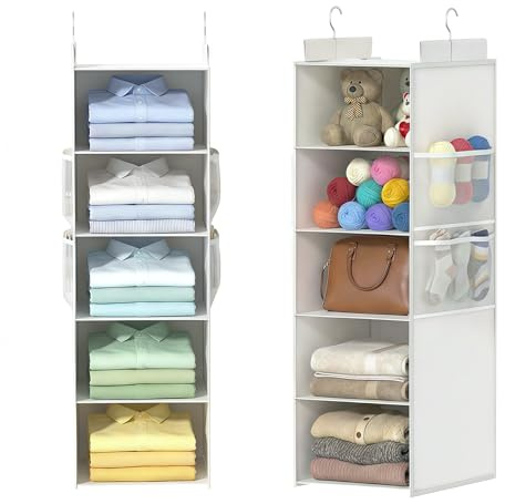 ALLTIDYUP Étagère Suspendue Pliable de Rangement de Placard et Penderie, 5 Niveaux Profonds avec Poches en Maille et Crochets Métalliques – Vêtements, Chaussures et Chapeaux, Robuste (Blanc, 1 Pièce)