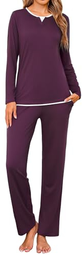 Jahetuul Ensemble Pyjama Femme Coton Hiver Chaud Haut Long à Manches Effet Superposé + Bas Uni Pyjama 2 Pièces Confort Détente Maison