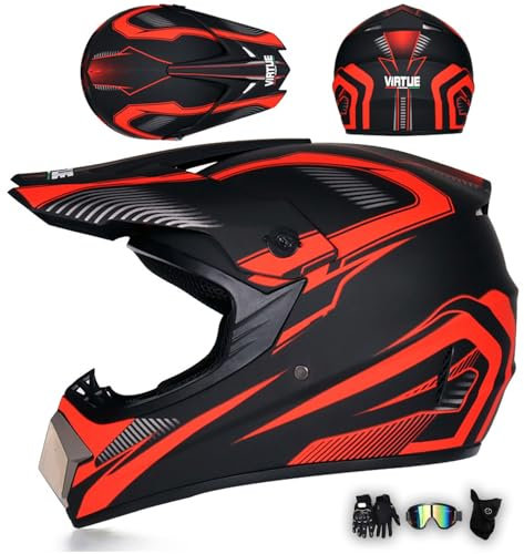 MODRYER Casque Moto Jeunesse Enfant Casque De Motocross IntéGral VTT Dirt Bike Casques De Moto Downhill Enduro BMX Quad Go Karting Accident Casque, avec Lunettes Gants Masque,Red-L/56~57cm