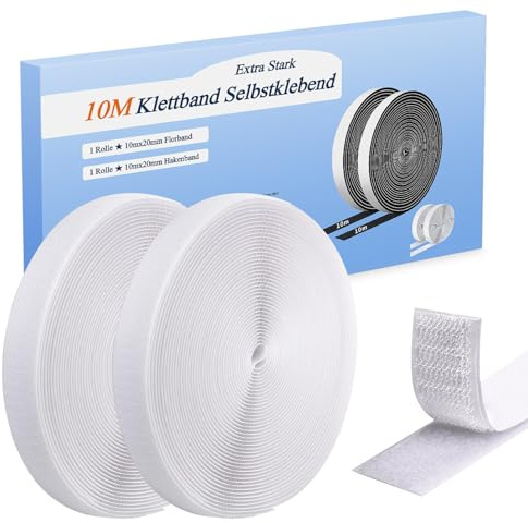 Adhesivo Doble Cara Extra Fuerte, 10M × 20mm Autoadhesiva Cinta de Gancho y Bucle Adhesiva Para Tela Mosquitera, Fijación Extrafuerte, Recortable, para Cortinas, Marcos y Proyectos DIY (Blanco)