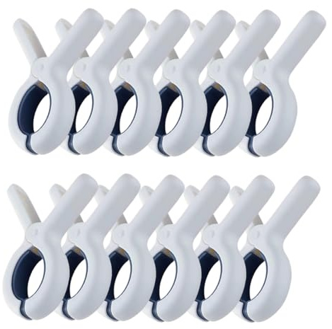 GNALIA 12 Pezzi Mollette (Casa E Cucina) Grandi Per Telo Mare, Dimensioni 10X7,2X1,5Cm, Forti Per Lettini, Sdraio E Spiaggia, Colore Bianco E Blu