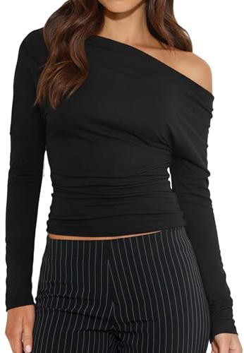 TZLDN Women Off Shoulder Top Long Sleeve Tops Elegant One Shoulder Top Basic Sexy Party Autumn Winter Black L