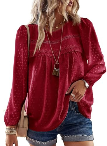 TUUHAW Chemise Femme Chic et Élégant Automne Manches Longues Bohème Top Col Rond Dentelle Décontracté Haut T-Shirts Fluide à Point Suisse Tunique Rouge XL