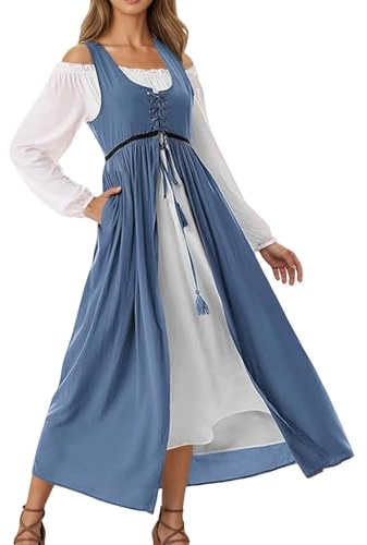 Dirndl Women's Gothic Costume Medieval Long Sleeve Dress for Women for Cosplay Historical Reenactment, blue, M
