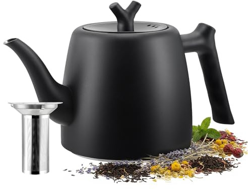 Eirolace Tetera de Acero Inoxidable Tetera 2L con Infusor, Tetera Térmica Doble Pared Negra, con Filtro Extraíble para Té Suelto, Jengibre y Mezclas de Hierbas