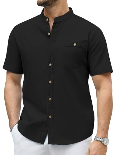 Arcciit Men's Linen Dress Button Down Shirt for Men Casual Short Sleeve Beach Summer Shirt Black