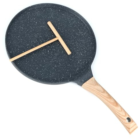 talifoca Crepera Inducción 26 cm – Sartén Antiadherente para Crepes con Revestimiento de Granito – Mango Madera – Palatschinken Pfanne con Repartidor de Masa – Apta para Todo Tipo de Cocina, Sin PFOA