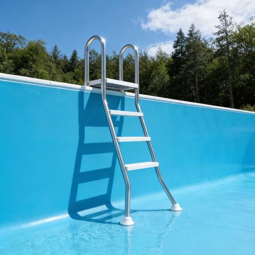 PEILU Échelles de piscine en acier inoxydable 3+1 marches, échelle de piscine avec main courante de sécurité, marches en plastique antidérapantes et pied de support à rotule sphérique, échelle haute