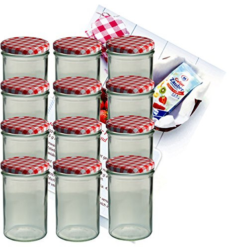 MamboCat 12er Set Sturzglas 435 ml Marmeladenglas Einmachglas Einweckglas to 82 rot Karierter Deckel incl. Diamant-Zucker Gelierzauber Rezeptheft