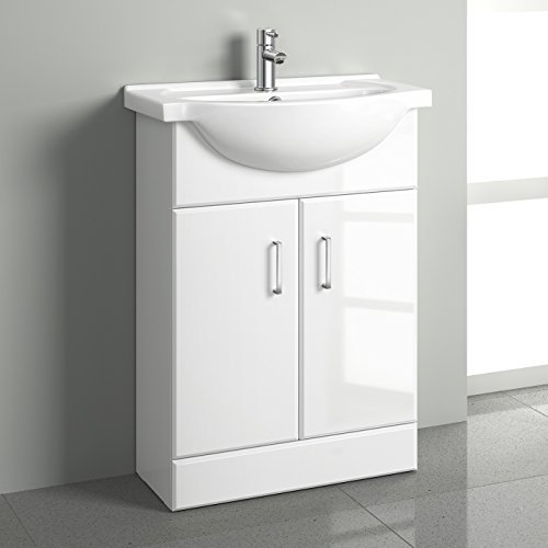 iBathUK Quartz 550 Vanity Unit Furniture and Wash Basin Sink, Floor Standing, MDF Soft Close Doors Bathroom Storage Cabinet- Gloss White (Flat Pack)