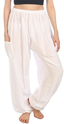 Lofbaz Donna Coulisse Harem Solido Boemo Hippie Raion Pantaloni Bianco M