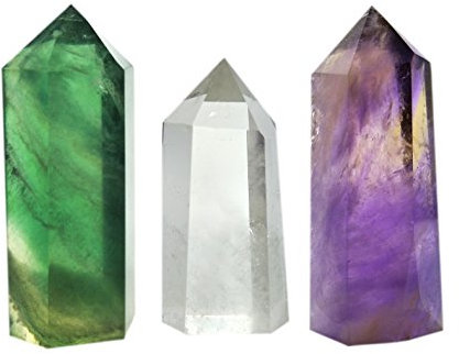 Set di 3 bacchette di cristallo curativo composto da 3 pietre: quarzo trasparente, fluorite e ametista, prisma sfaccettato appuntito, bacchette per reiki, chakra, meditazione e terapia, decorative