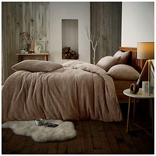 GC GAVENO CAVAILIA Teddy Bear Fleece Plain Double Duvet Cover Set - Mink | Luxury Teddy Fleece Soft Cuddly Thermal Warm & Cosy Fluffy Double Bed Bedding Set - Perfect For Winter - 200 Cm x 200 Cm