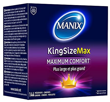 Manix King Size Max : Boite de 144 Préservatifs pour Homme de Grande Taille Xl – Plus larges, Plus Longs et Extra Fins pour un Confort Maximal / Diamètre 56mm