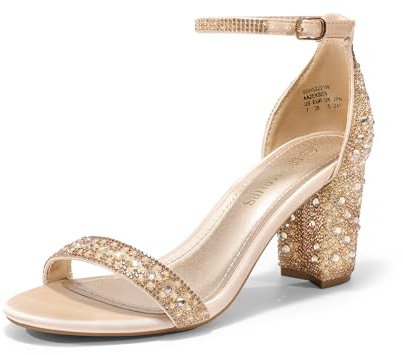 DREAM PAIRS Women's Chunk Low Heel Pump Sandals,Size 9.5,Gold/Rhinestone,CHUNK