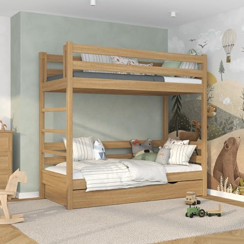 N-Wood N03 Etagenbett mit Schublade, Hochbett 80x190 cm, aus Eichenholz, 2 Leitermontageseiten: Links oder rechts, abgerundete Kanten, Stabile Massivholzkonstruktion, inklusive Lattenrost, Natureiche
