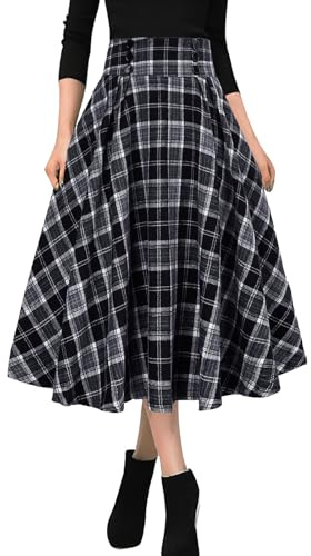 MGizo DtiSpectrum Faldas Plisadas a Cuadros para Mujer - Falda Tartán Vintage de Cintura Alta Elástica con Botones Decorativos en la Parte Delantera, Falda Escocesa Plisada Acampanada de Largo Midi