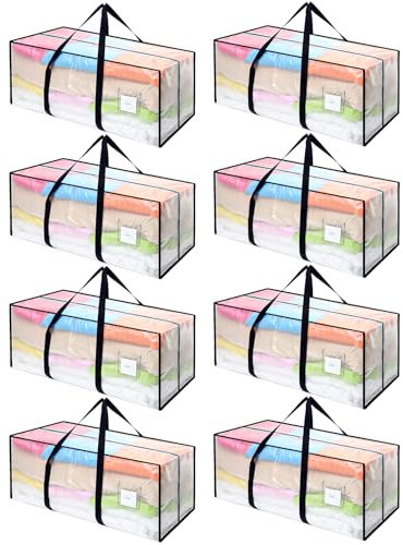Dntorx Lot de 8 sacs de rangement de 120 l - Sacs de déménagement robustes - Sacs de déménagement transparents - Grands cartons avec fermeture éclair - Commodes sous le lit pour déménagement