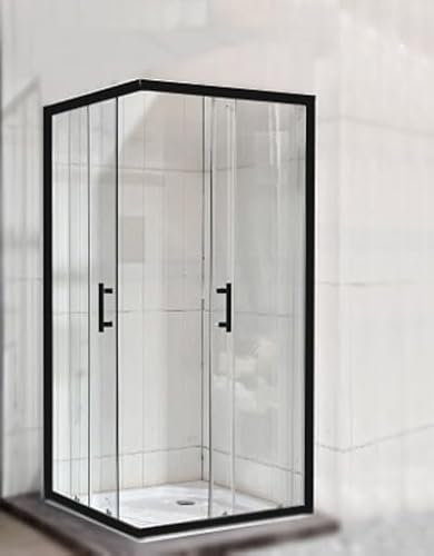 Corner Entry Shower Enclosure with Black Trim Walk in Cubicle Sliding Door Shower Tray and Riser Kit Options (700mm x 700mm Shower Enclosure)