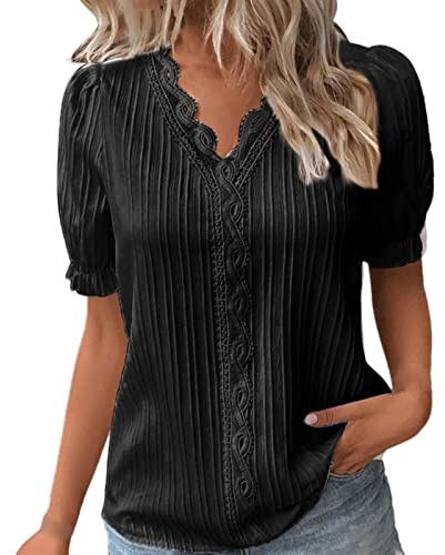 Blusa da Donna Elegante Festiva a Maniche Corte con Scollo a V, Elegante Top Curvy con Pizzo, T-Shirt Elegante, Grandi Taglie, Bluse Estive da Donna, Tinta Unita, Camicetta Casual, Camicetta da