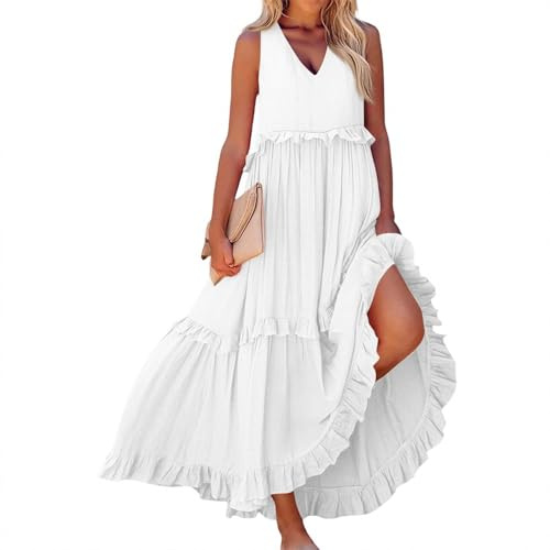 Générique Robe De Plage Femme Mariage Été Robe Plage Courte col en V Vetement Femme Ete Chemise Boheme sans Manches Summer Dress Et Ventes Flash Blanc XXL