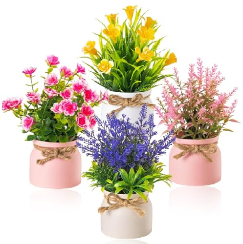 LEIMEND 4 Pezzi Fiori Artificiali Piantine Finte Decorative con Vasetto Fiori Finti Per Decorazioni Per Decorazioni Per la Casa la Scrivania L'ufficio Il Giardino E Il Patio