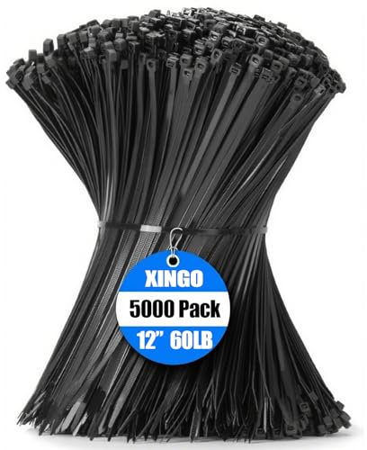 XINGO Black Cable Ties Pack of 5000, 300mm x 4.8mm, Premium Nylon Durable Zip Ties, Self-Locking UV Resistant Nylon Plastic Wire Ties for Indoor and Outdoor