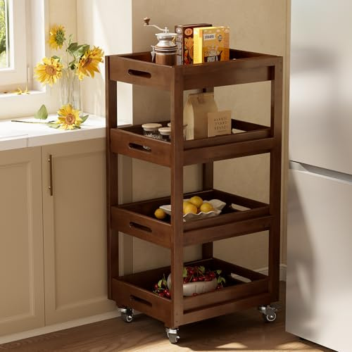 TRIBEWOOD Solid Wood Storage Cart, 4-Tier Slim Kitchen Rolling Cart with Wheels, Narrow Mobile Utility Organizer Shelving Unit for Small Space, Living Room, Dining Room, Laundry, Walnut