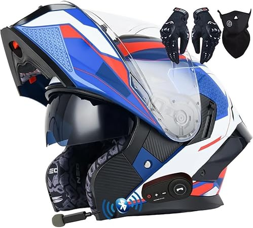 Casco De Moto Modular con Bluetooth, Integral, Abatible, con Doble Visera, Homologado por Dot/ECE, con Altavoz Y Micrófono Duales, para Adultos, Hombres Y Mujeres. I,L(59~60CM)