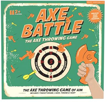 Gift Republic Axe Battle - Gioco di lancio di bersagli pop-up per bambini e adulti, divertente gioco per feste in famiglia con 3 asce in plastica, freccette, gettoni e bersaglio da parete