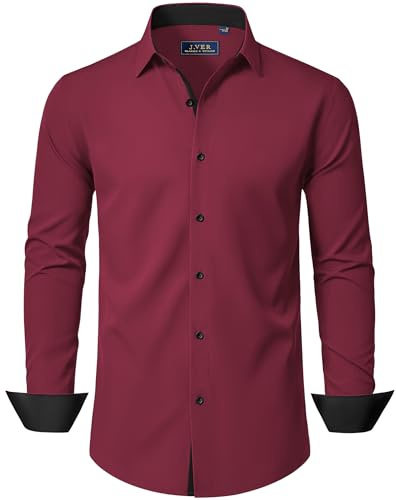 J.VER Shirts for Men Adult Dress Slim Fit Long Sleeve Stretch Non Iron Business Casual Wedding Fashion Burgundy Red Shirt XL
