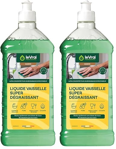 LE VRAI PROFESSIONNEL - Liquide Vaisselle Super Dégraissant - Élimine Graisses et Résidus - Ecologique - Parfum Fruité - Fabrication Française - Flacon 1 L (Lot de 2)