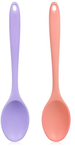 2 Pcs Silicone Mixing Spoons for Cooking, 8.3 Nonstick Heat-Resistant Kitchen Serving Spoon Multi Function Rubber Stirring Spoon for Bread Baking Hot Chocolate, Dishwasher Safe(Pink Purple)
