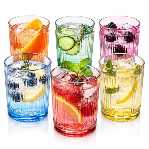 TIENDA EURASIA – Pack 6 Vasos de Cristal 360 ml | Colores Surtidos | Vasos Apilables | Resistentes y Aptos para Uso Diario | Ideales para Agua, Refrescos y Cócteles (Rayas)