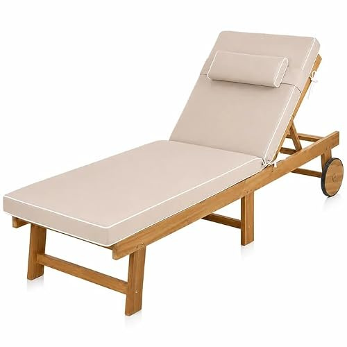 Alfresia Acacia Wooden Sun Lounger with Luxury Cushion, 4-Position Adjustable Garden Lounger Chair with Wheels, Foldable Outdoor Sunbed for Patio, Decking & Garden Taupe