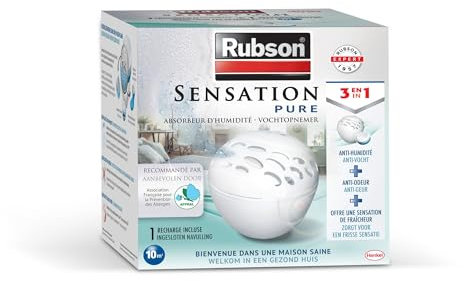 Rubson Sensation Pure | Absorbeur d'humidité pour petites pièces de 10 m² (1 appareil + 1 recharge parfum neutre) – Déshumidificateur anti-humidité et anti-odeur