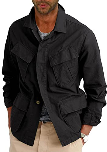 Runcati Mens Lightweight Safari Jacket Button Up Cotton Outdoor Military Cargo Long Sleeve Outwear Black