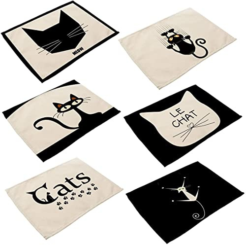 Set di 6 tovagliette colazione da tavolo resistenti al calore tovagliette per tavolo da cucina lavabile antiscivolo cotone e lino dipinto modello Natale Pasqua tovagliette (bianco e nero)