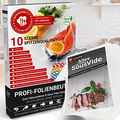 Heidenfeld 𝐏𝐫𝐨𝐟𝐢 Vakuumierbeutel - 50 Stück - 20x30cm - Vakuumbeutel für Lebensmittel - Folienbeutel - Folie BPA frei - Folienschweißgerät - Vakuumierer - Sous Vide (50x 20 x 30 cm)