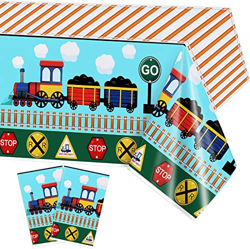 PHOGARY 2 Pack Train Table Cover Train Party Tablecloth, Train Birthday Party Supplies Railroad Train Track Party Decorations Train Disposable Plastic Rectangular Table Covers