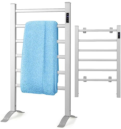 COSTWAY Sèche-Serviettes Électrique 30-60°C avec 6 Barres en Aluminium Autoportant, Chauffe-Serviettes 100W sur Pieds/Murale avec Minuterie Affichage LED, Protection Surchauffe