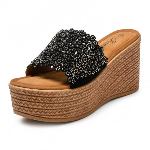 JOMIX Sandales Compensées Femme Tongs Compensé Espadrilles Femme Sandale Femme d'été avec Strass pour Maison Piscine Plage (Noir, 39)