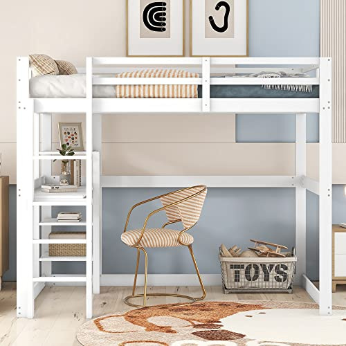 NNJN Cama alta de 140 x 200 cm, con espacio de almacenamiento, de pino, con 4 estantes y un escritorio (blanco), WX000122