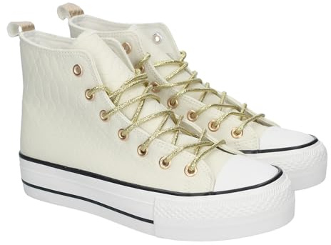 83993 Zapatilla Abotinada, Plana para Mujer, Comodas y Elegantes, Puntera Redonda, Estilo Bamba, y Cierre de Cordoneras. Blanco Talla 39