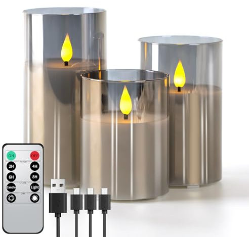 Forever Speed 3er-Set Grau Glas Led Kerzen Aufladbar mit Fernbedienung Timer, Dimmbar Wiederaufladbare Flammenlose Kerzen mit Ladekabel für Wohndekoration, Camping, Hochzeiten, Geschenke